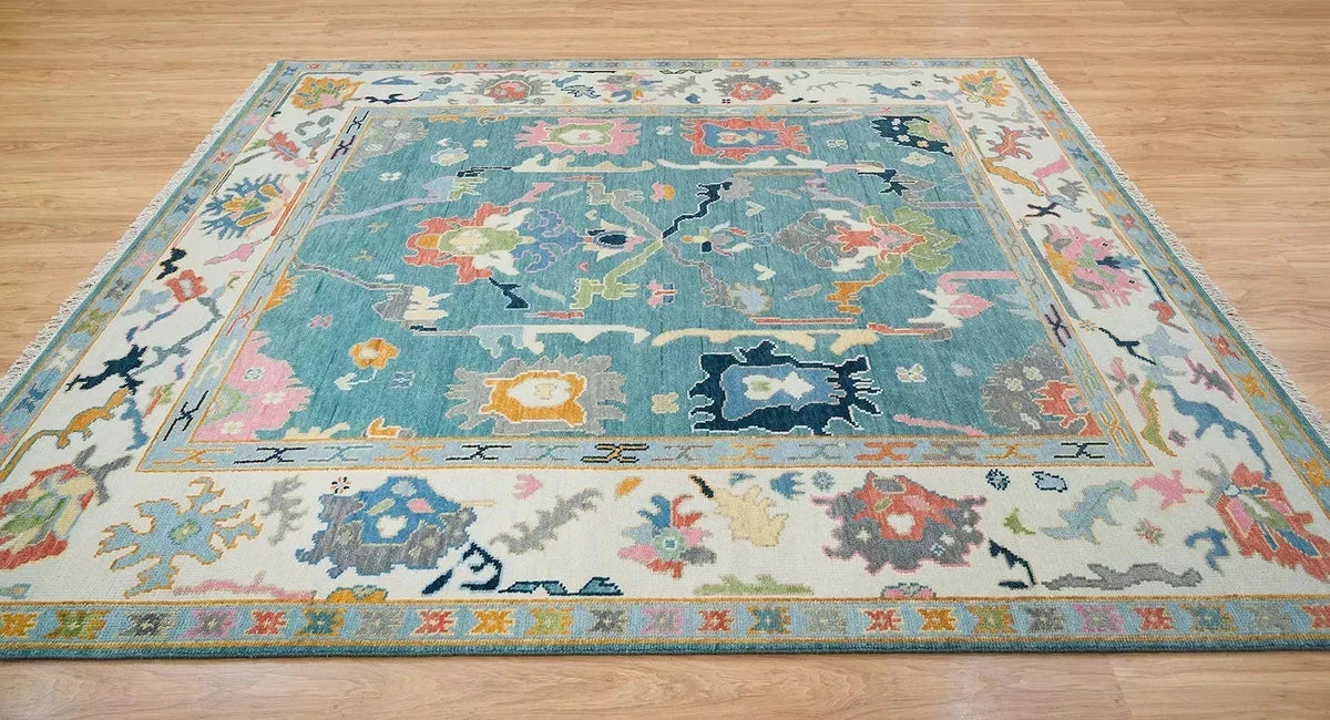 Traditional Oushak Vibrant Multicolour Floral Teal and Ivory Hand Knotted 8x10 Wool Area Rug