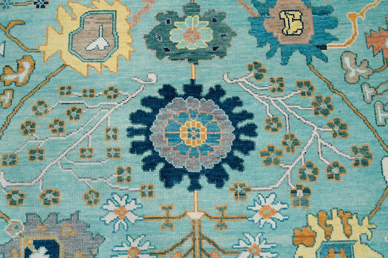 Vibrant Aqua and Ivory 8x10 Hand Knotted Oriental Oushak Floral Wool Area Rug