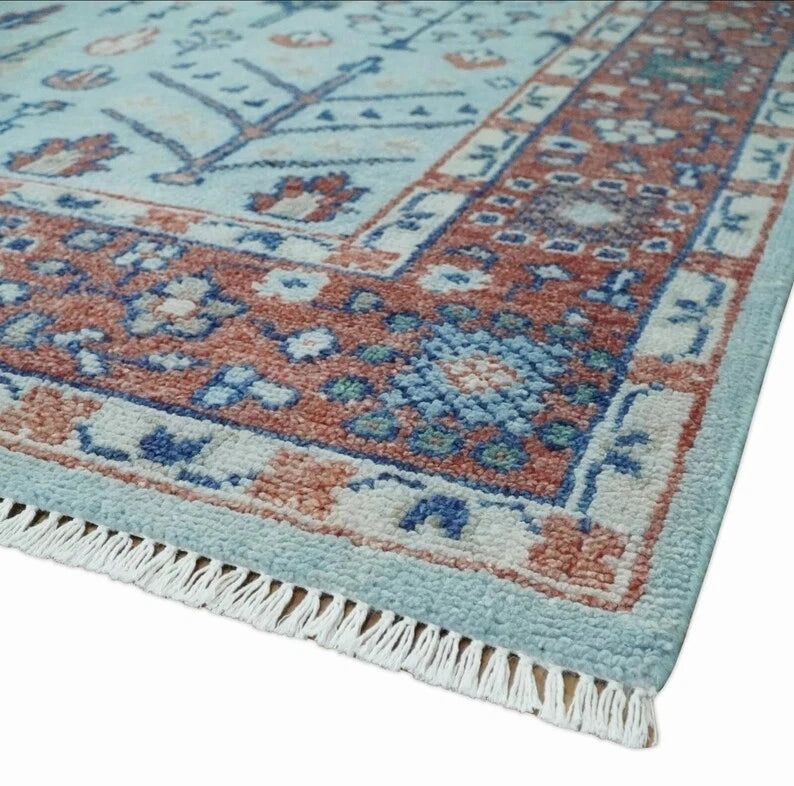 8x10 Soft Blue and Rust Tree of Life Hand Knotted Botanical Wool Area Rug