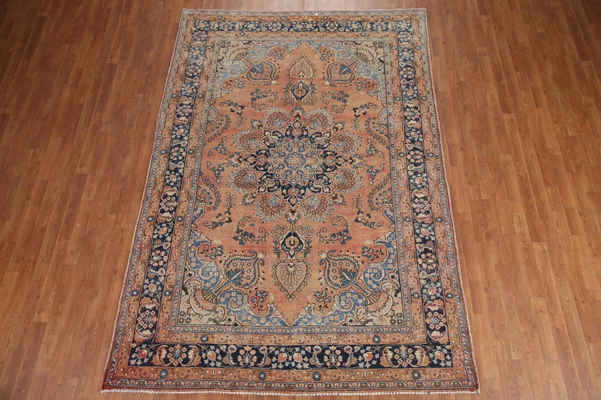 Peach and Navy Antique Floral Medallion Heriz Persian Traditional 8x10 Hand Knotted Wool Area Rug