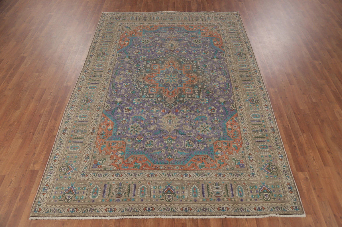 Unique Mauve Purple and Rust 8x10 Hand Knotted Heriz Serapi Geometric Medallion Wool Area Rug