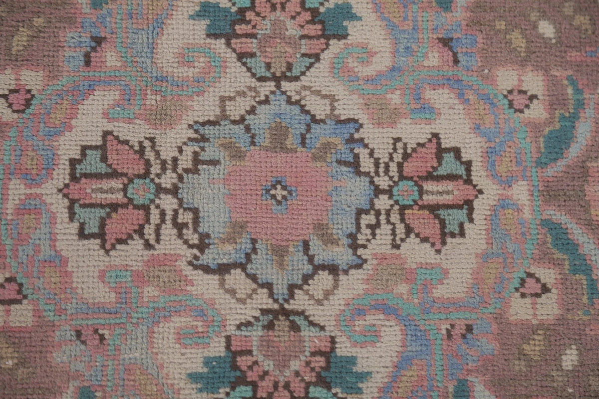 Romantic Dusty Rose and Sage 8x10 Hand Knotted Antique Heriz Serapi Floral Medallion Wool Area Rug