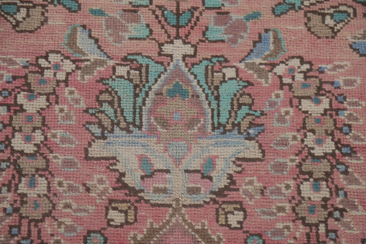 Romantic Dusty Rose and Sage 8x10 Hand Knotted Antique Heriz Serapi Floral Medallion Wool Area Rug