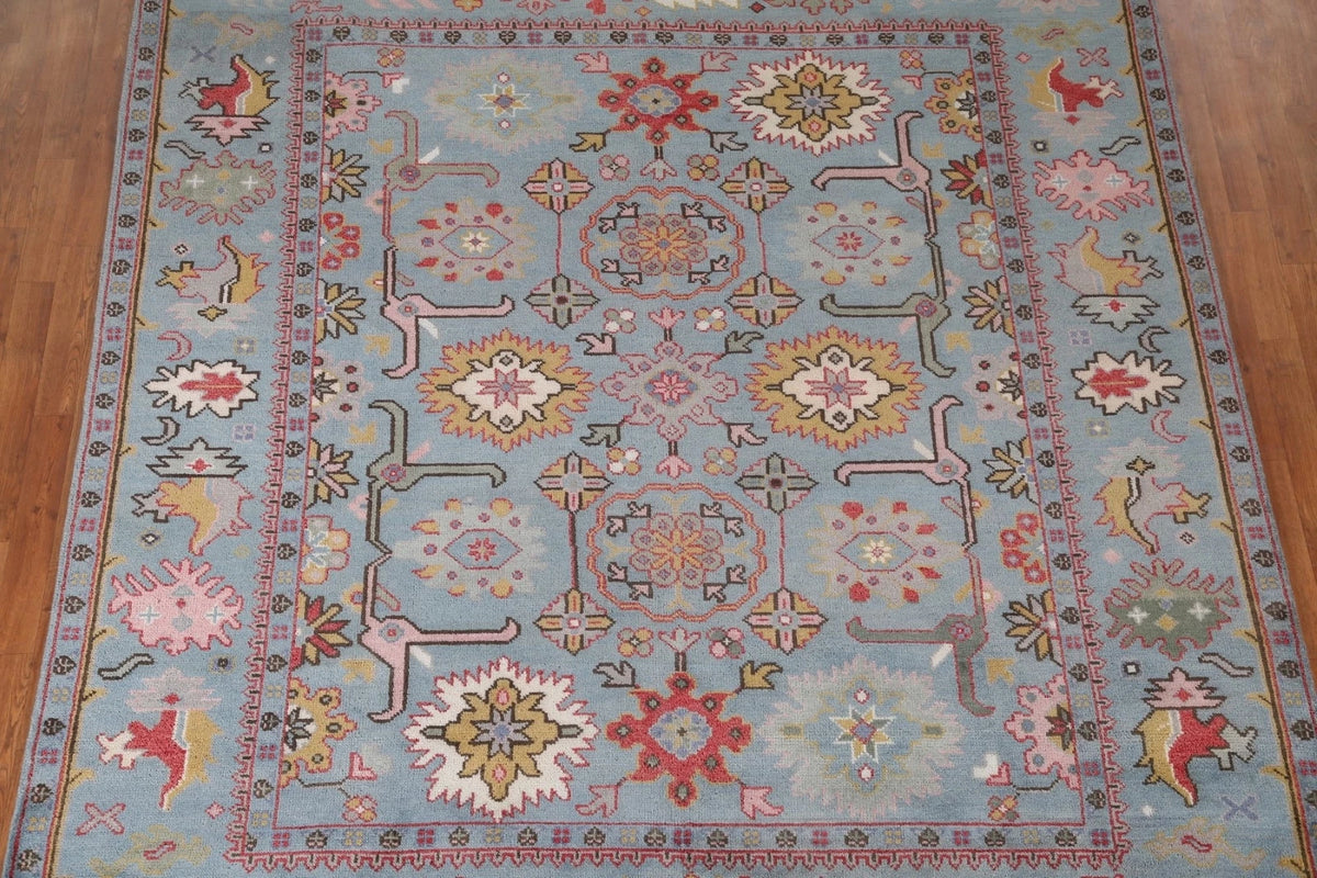 Hand Knotted Vintage Oushak Powder Blue and Crimson 8x10 Geometric Floral Wool Area Rug