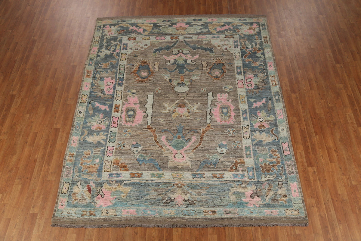 Hand Knotted Vintage Oushak Enchanting Mushroom and Teal 8x10 Prayer Arch Folk Art Wool Area Rug