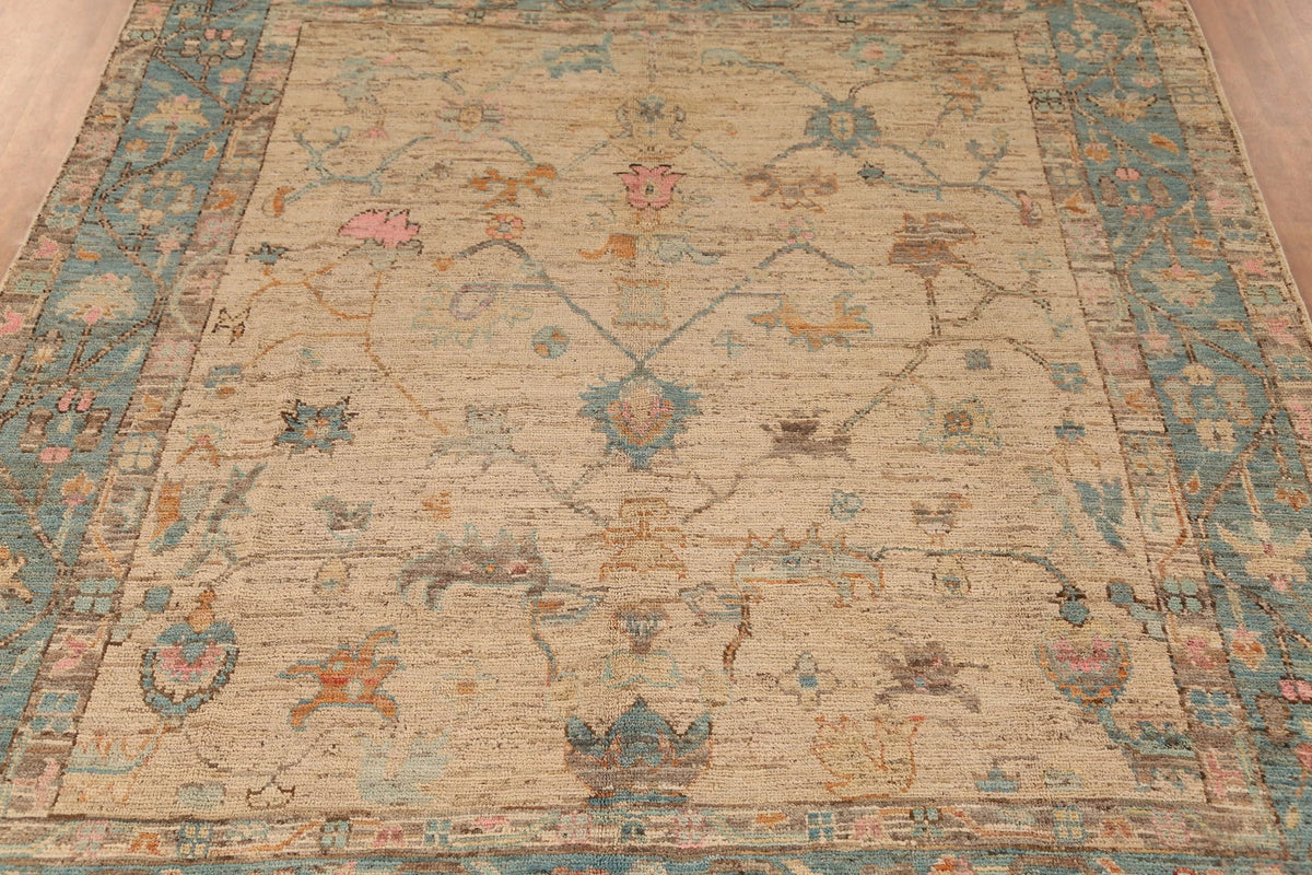 Ivory and Dusty Teal Diamond Lattice Trellis Oushak Vintage Antique Traditional 8x10 Hand Knotted Wool Area Rug