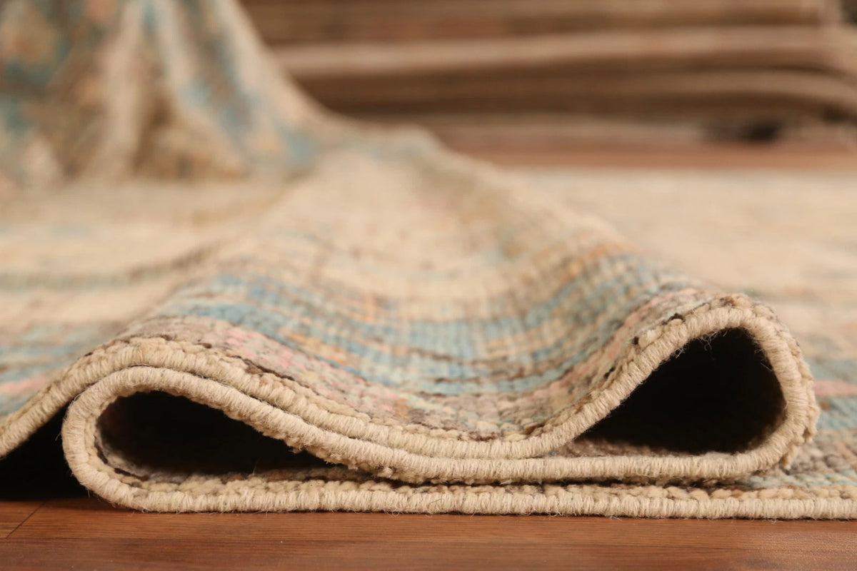 Ivory and Dusty Teal Diamond Lattice Trellis Oushak Vintage Antique Traditional 8x10 Hand Knotted Wool Area Rug