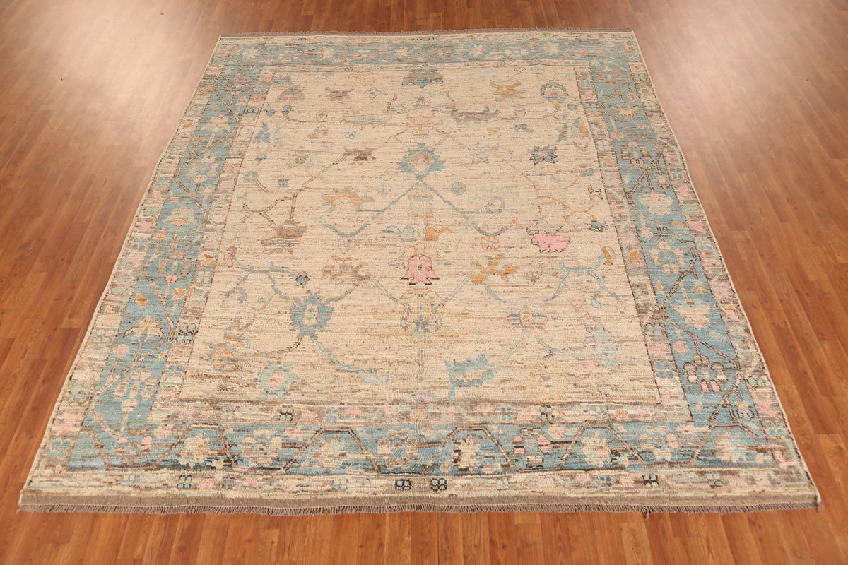 Ivory and Dusty Teal Diamond Lattice Trellis Oushak Vintage Antique Traditional 8x10 Hand Knotted Wool Area Rug