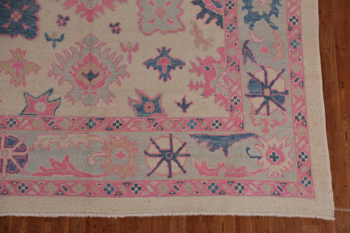 Hand Knotted Oushak Vibrant Sand Ivory and Coral Pink 8x10 All-Over Geometric Floral Medallion Wool Area Rug