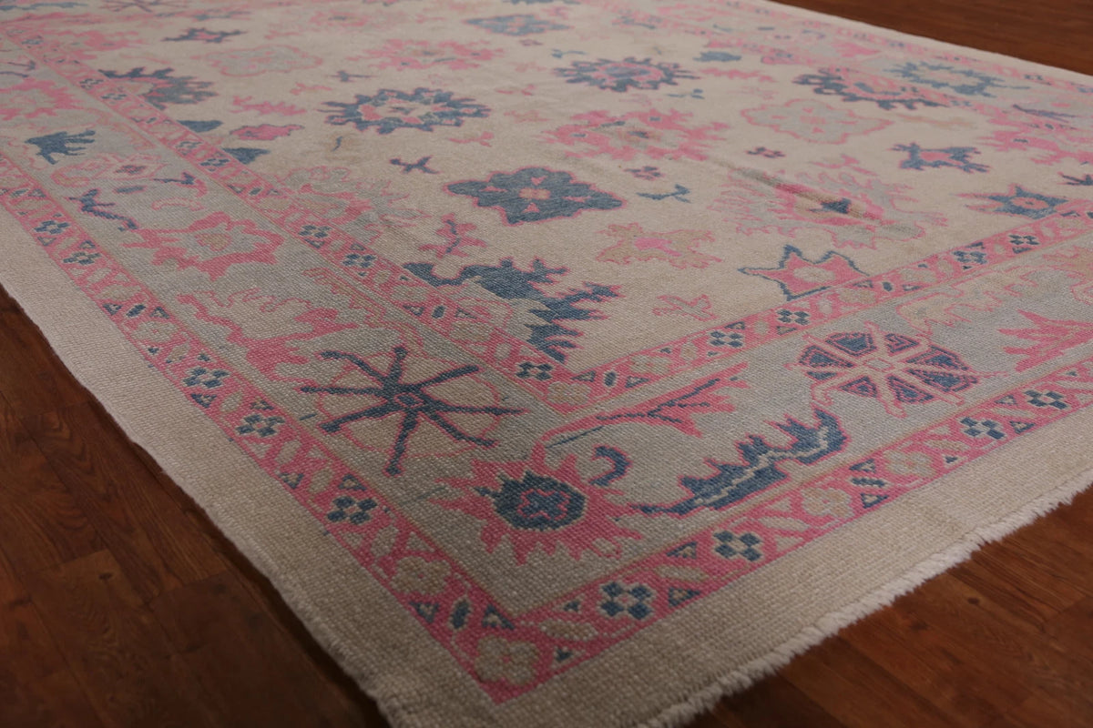Hand Knotted Oushak Vibrant Sand Ivory and Coral Pink 8x10 All-Over Geometric Floral Medallion Wool Area Rug