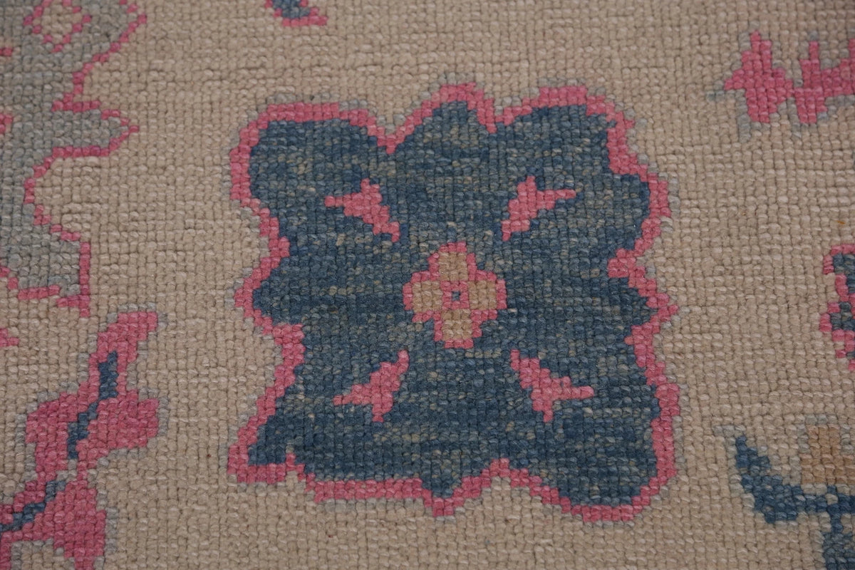 Hand Knotted Oushak Vibrant Sand Ivory and Coral Pink 8x10 All-Over Geometric Floral Medallion Wool Area Rug