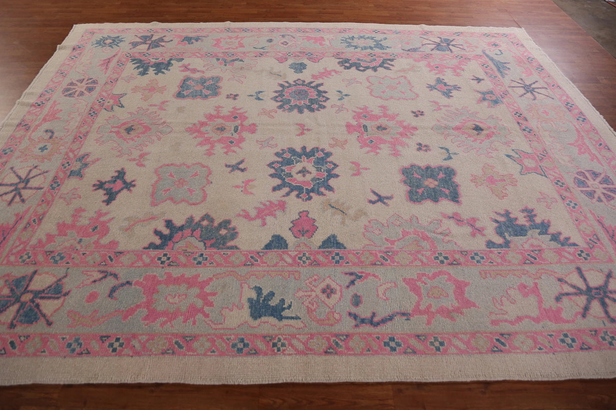 Hand Knotted Oushak Vibrant Sand Ivory and Coral Pink 8x10 All-Over Geometric Floral Medallion Wool Area Rug