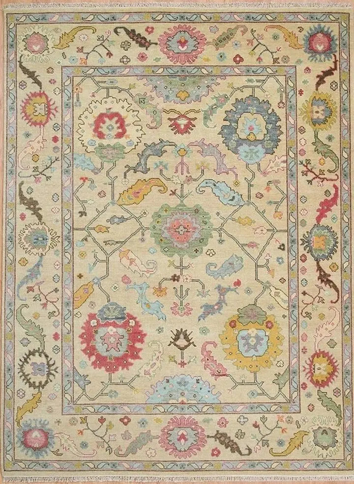 Vibrant ivory and cream hand-knotted multicolour Oushak floral wool rug 8x10 full view colourful blooms