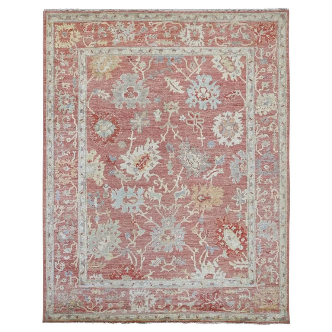 Soft terracotta and ivory hand-knotted traditional Oushak floral wool rug 8x10 full view warm palette