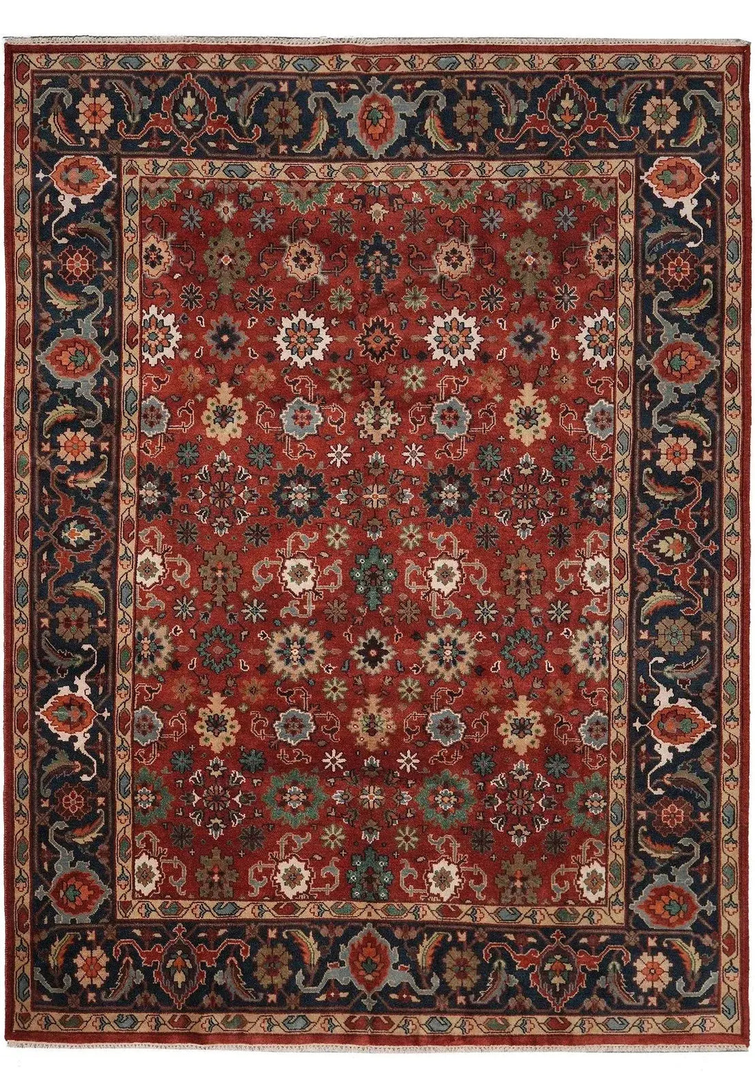 Crimson red and navy all-over floral Oushak hand-knotted wool rug 8x10 traditional full view
