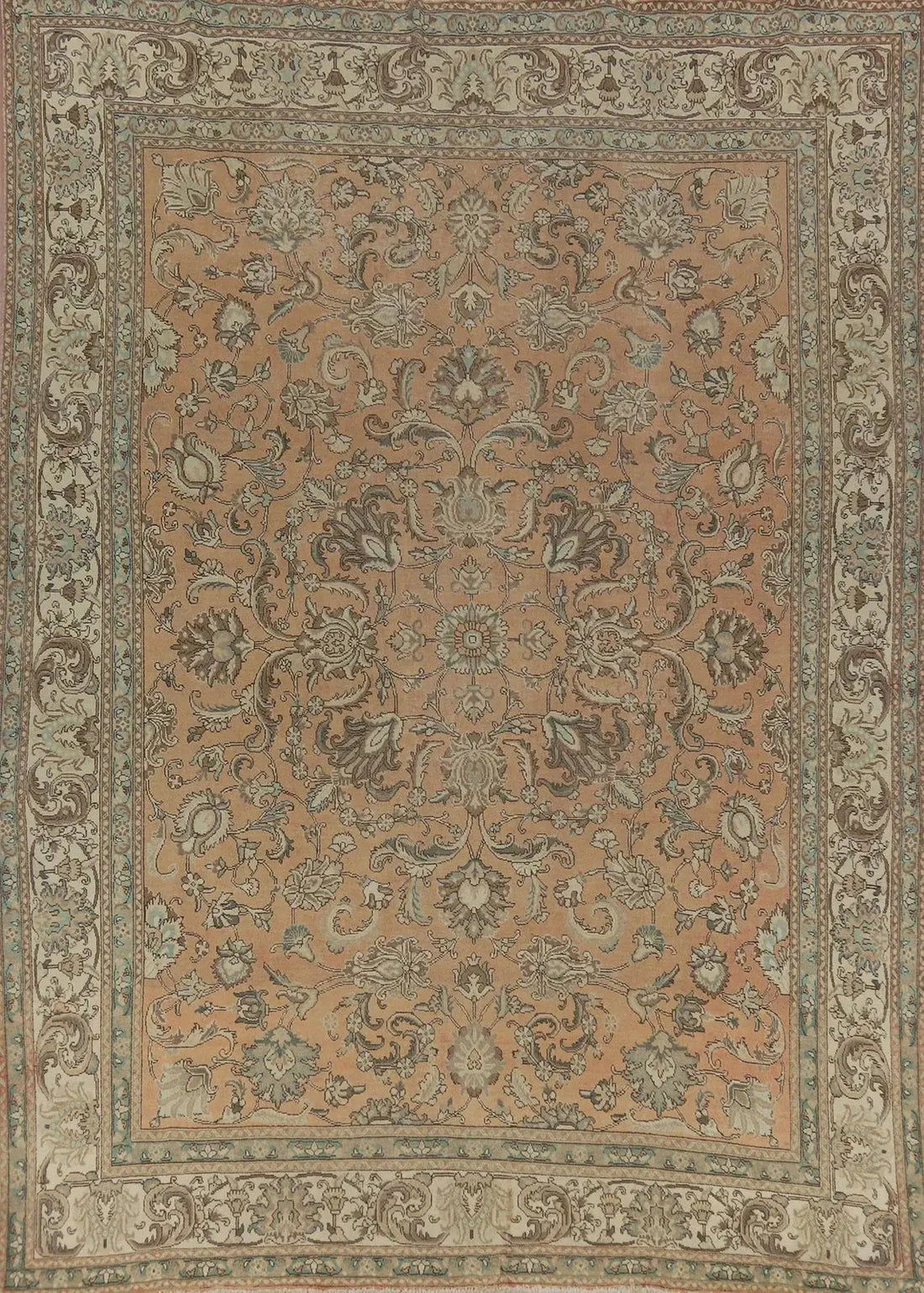 Caramel and ivory antique Oushak all-over floral scroll hand-knotted wool rug 8x10 full view warm autumn palette