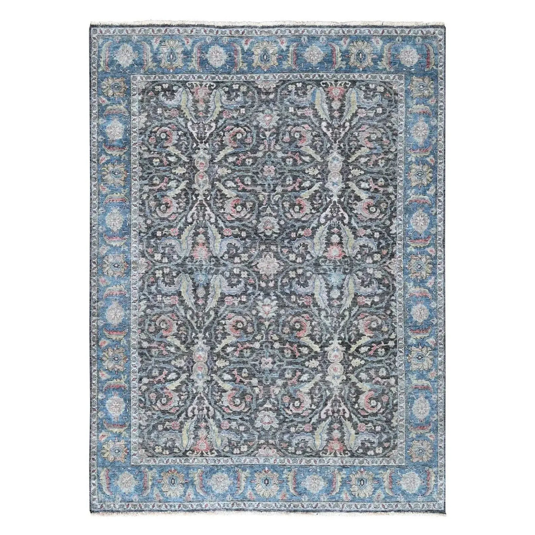Distressed antique Oushak charcoal and blue hand-knotted wool rug 8x10 floral full view
