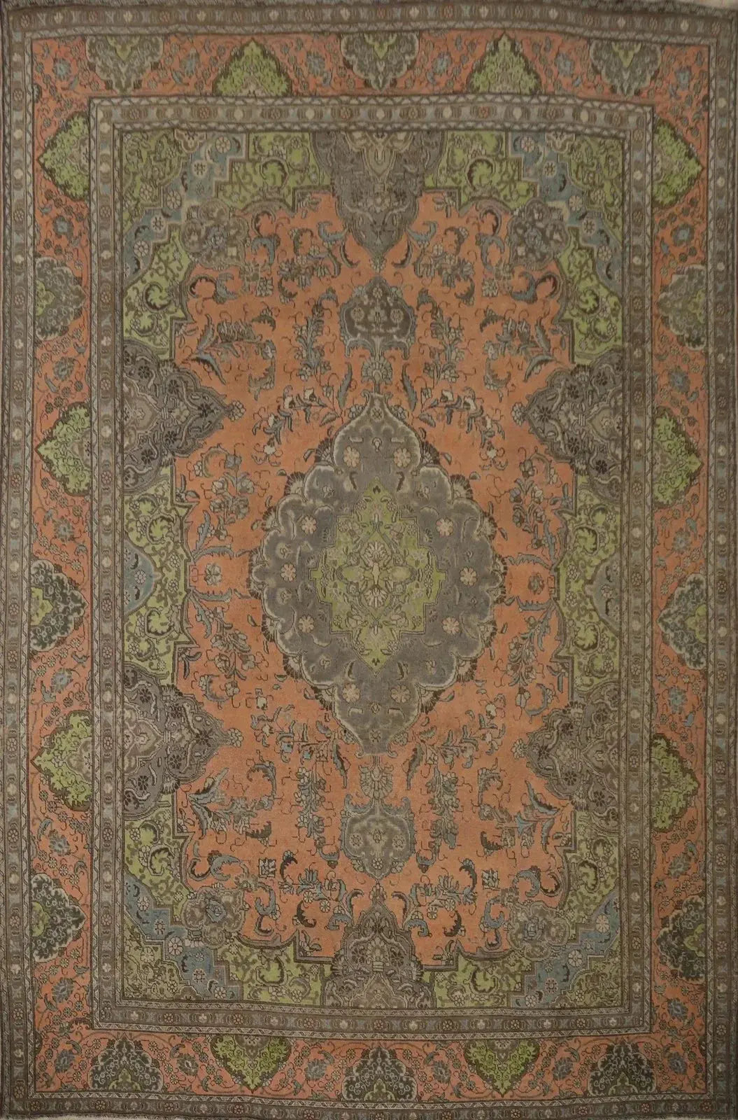 Terracotta and slate blue Heriz Serapi hand-knotted floral medallion wool rug 8x10 full view