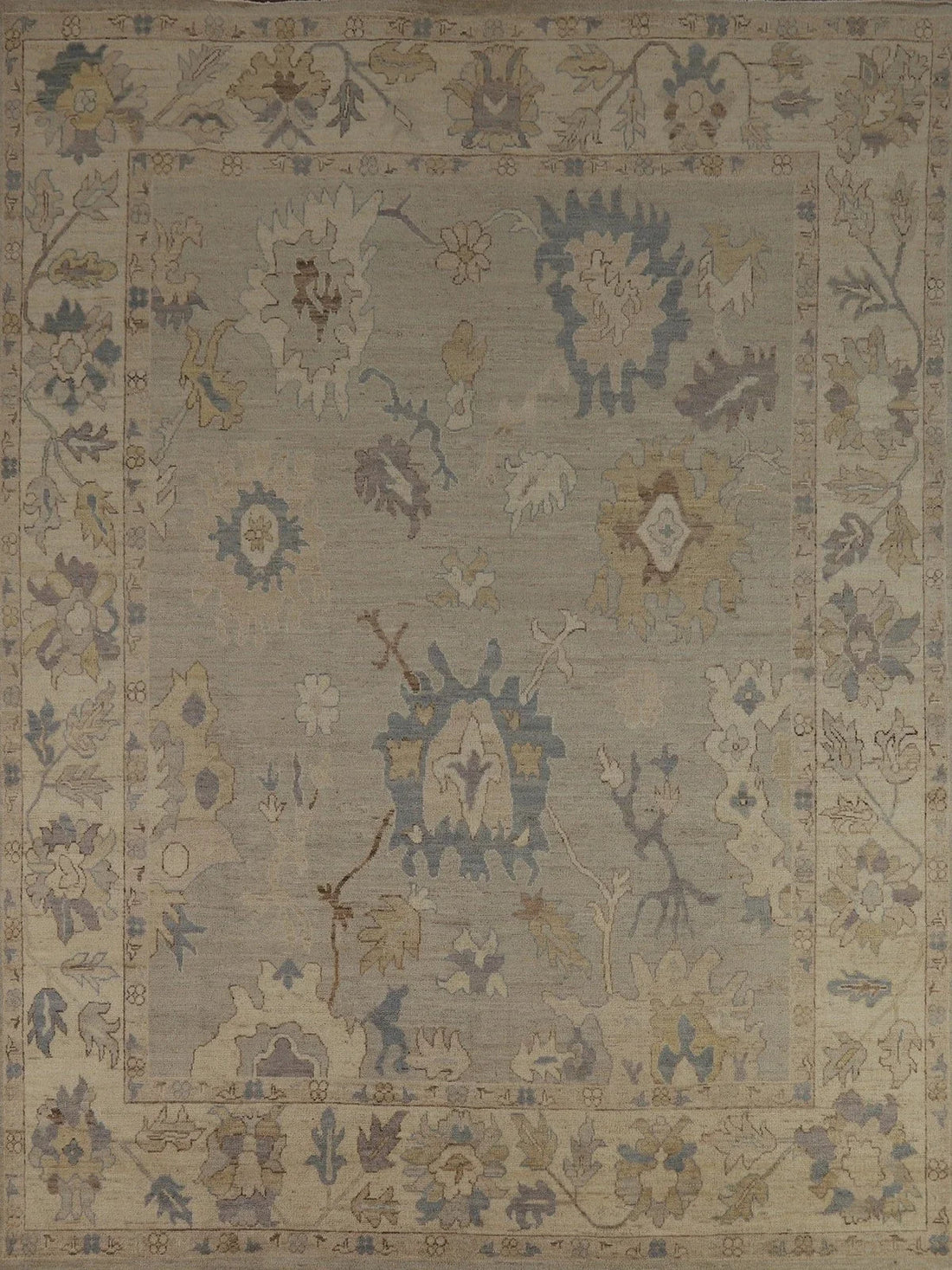 Grey blue ivory floral Oushak hand-knotted wool rug 8x10 antique style full view