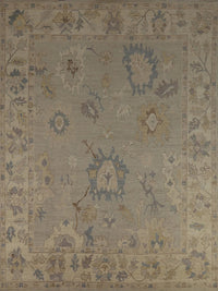 Grey blue ivory floral Oushak hand-knotted wool rug 8x10 antique style full view