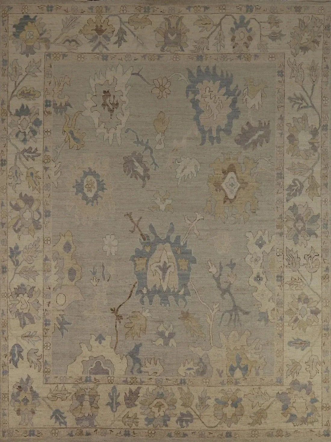 Grey blue and ivory antique-style Oushak hand-knotted wool rug 8x10 traditional floral full view