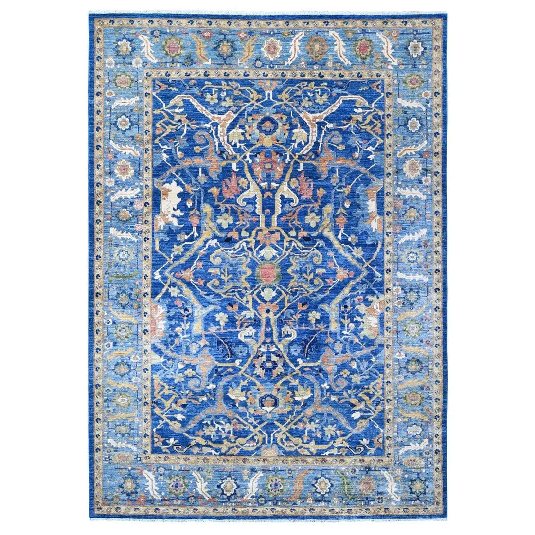 Royal blue and ivory Oriental Oushak hand-knotted floral wool rug 9x12 Afghan traditional full view