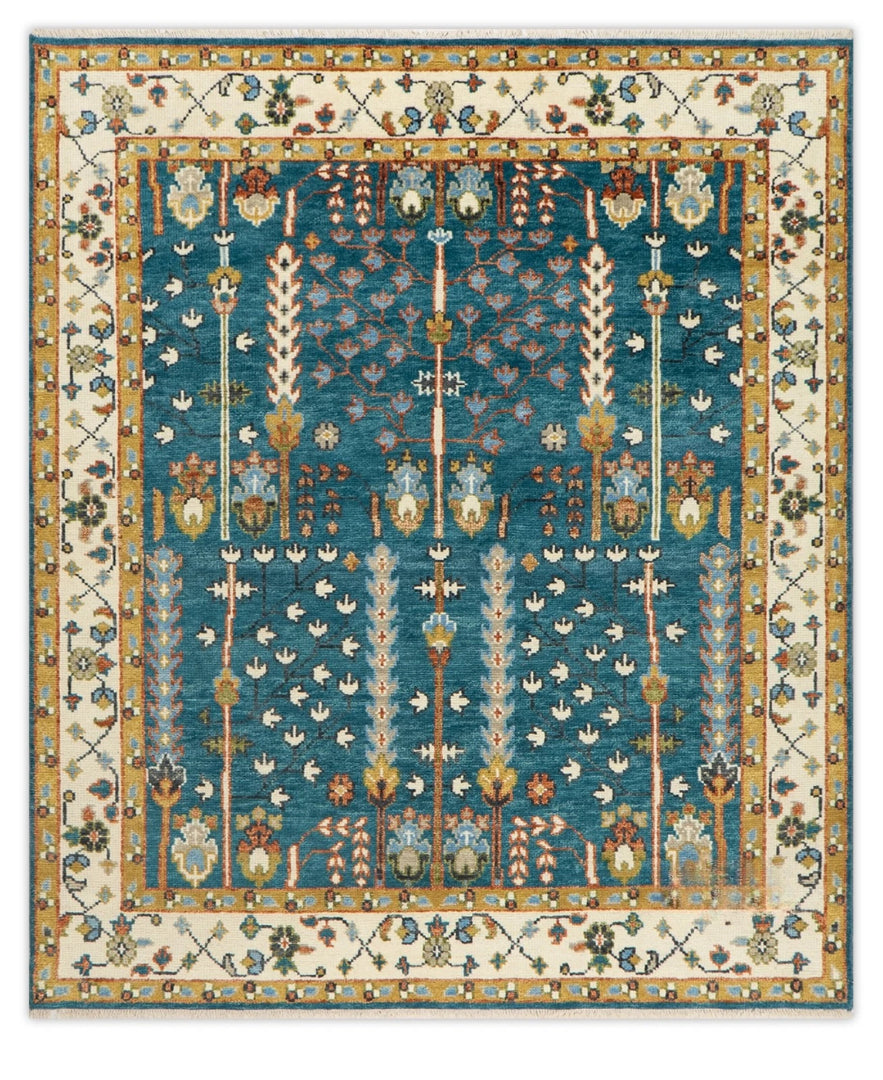 Teal and Ivory 8x10 Hand Knotted Jewel-Toned Tree of Life Botanical Wool Area Rug