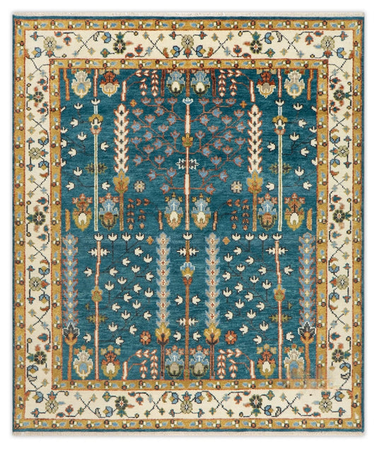 Teal and Ivory 8x10 Hand Knotted Jewel-Toned Tree of Life Botanical Wool Area Rug
