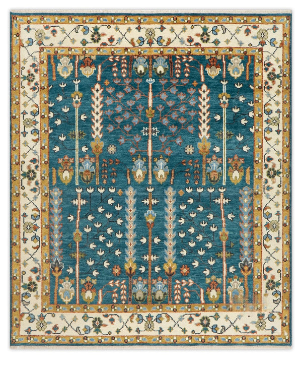 Teal and Ivory 8x10 Hand Knotted Jewel-Toned Tree of Life Botanical Wool Area Rug