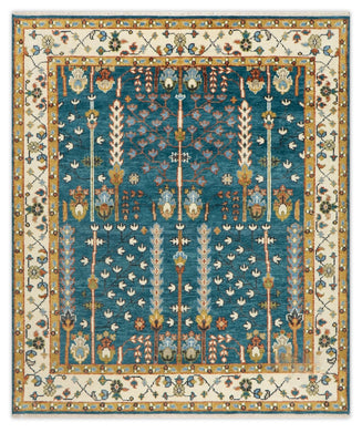 Teal and Ivory 8x10 Hand Knotted Jewel-Toned Tree of Life Botanical Wool Area Rug