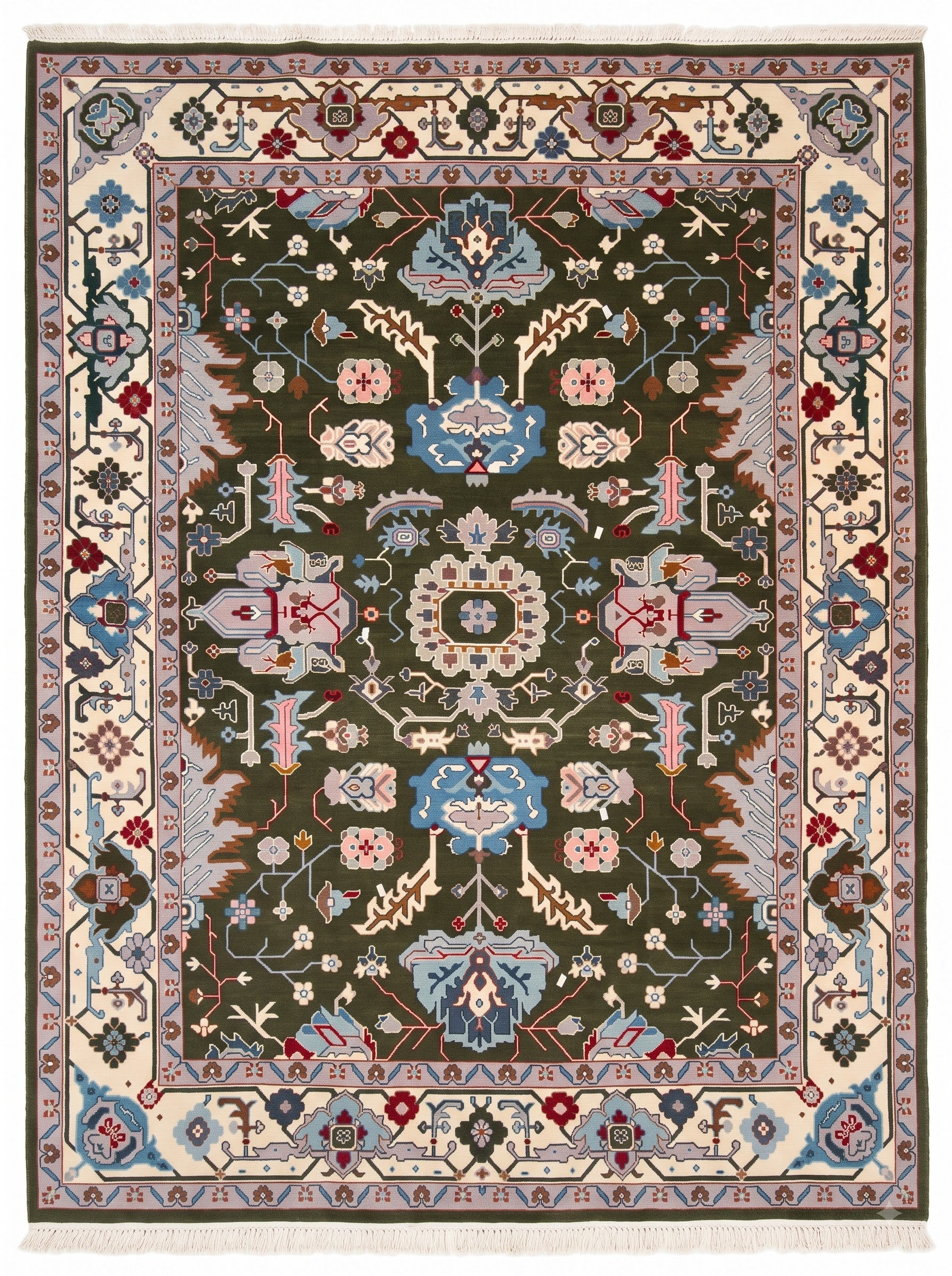 Hand Knotted Oushak Antique Hunter Green and Ivory 8x10 All-Over Geometric Floral Medallion Lattice Slate Blue Burgundy Wool Area Rug