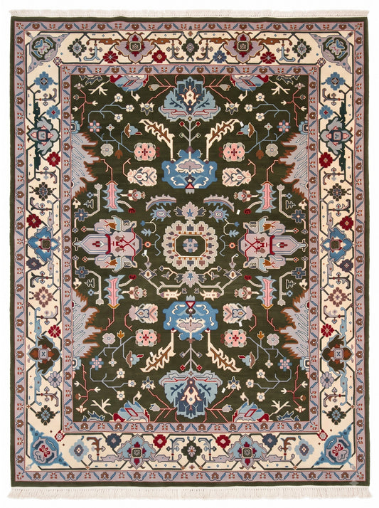 Hand Knotted Oushak Antique Hunter Green and Ivory 8x10 All-Over Geometric Floral Medallion Lattice Slate Blue Burgundy Wool Area Rug 
