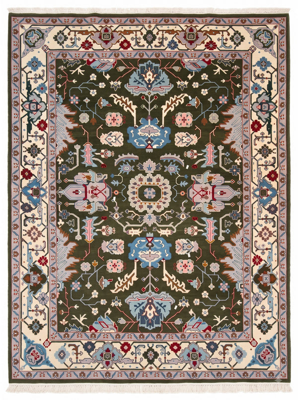 Hand Knotted Oushak Antique Hunter Green and Ivory 8x10 All-Over Geometric Floral Medallion Lattice Slate Blue Burgundy Wool Area Rug