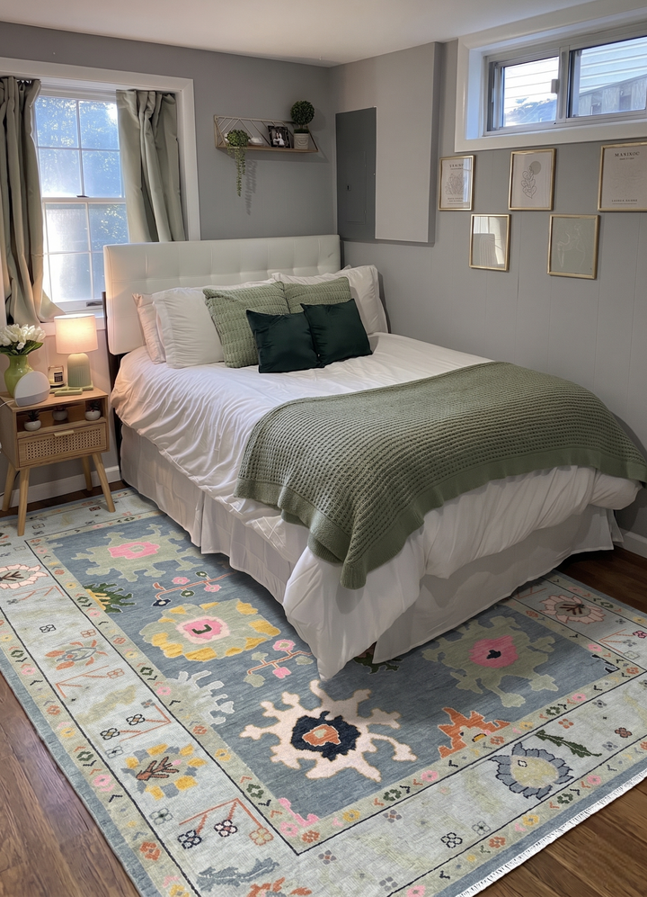 Slate Blue and Sage 8x10 Hand Knotted Vibrant Colorful Oushak Large Floral Wool Area Rug