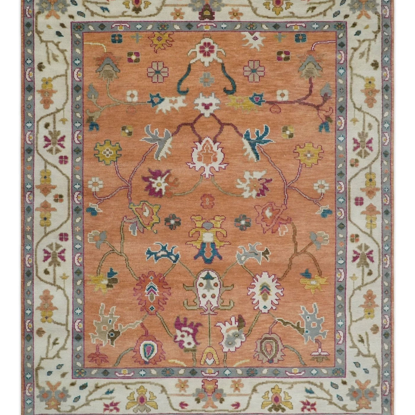 Oushak All-Over Floral Vine Scroll Vibrant Peach and Ivory Multicolour Hand Knotted 8x10 Wool Area Rug