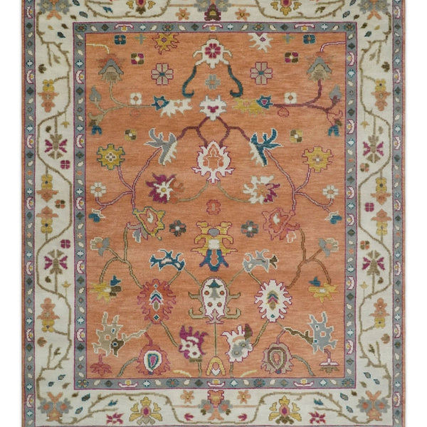 Oushak All-Over Floral Vine Scroll Vibrant Peach and Ivory Multicolour Hand Knotted 8x10 Wool Area Rug