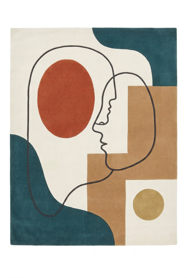 Abstract Face Line Art Ivory Teal and Terracotta Modern Hand Tufted Wool Area Rug Custom Sizes