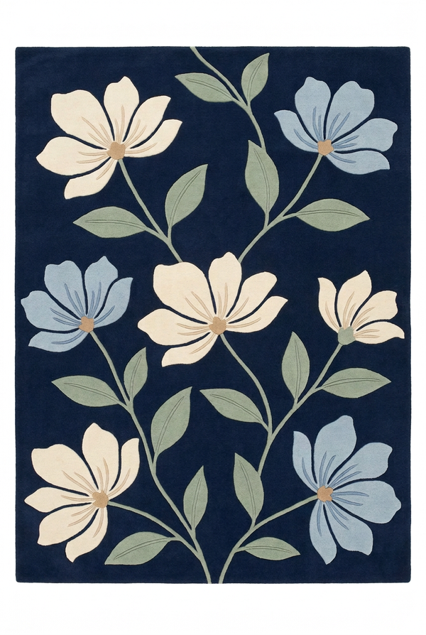 Navy and Ivory Large Floral Vine Light Blue and Sage Green Custom Made Hand Tufted Wool Area Rug
