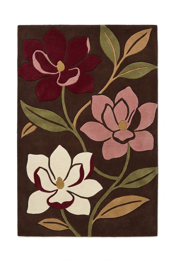 Brown Floral Hand Tufted Wool Area Rug Burgundy Dusty Rose and Ivory Custom Sizes