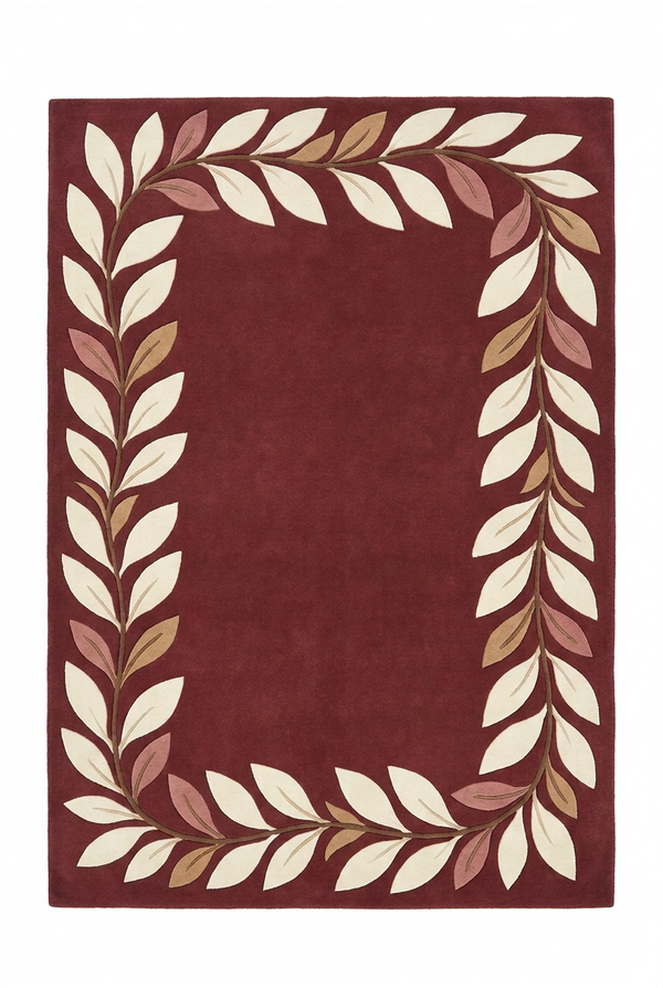 Burgundy and Ivory Leafy Vine Border Dusty Rose and Tan Custom Made Hand Tufted Wool Area Rug