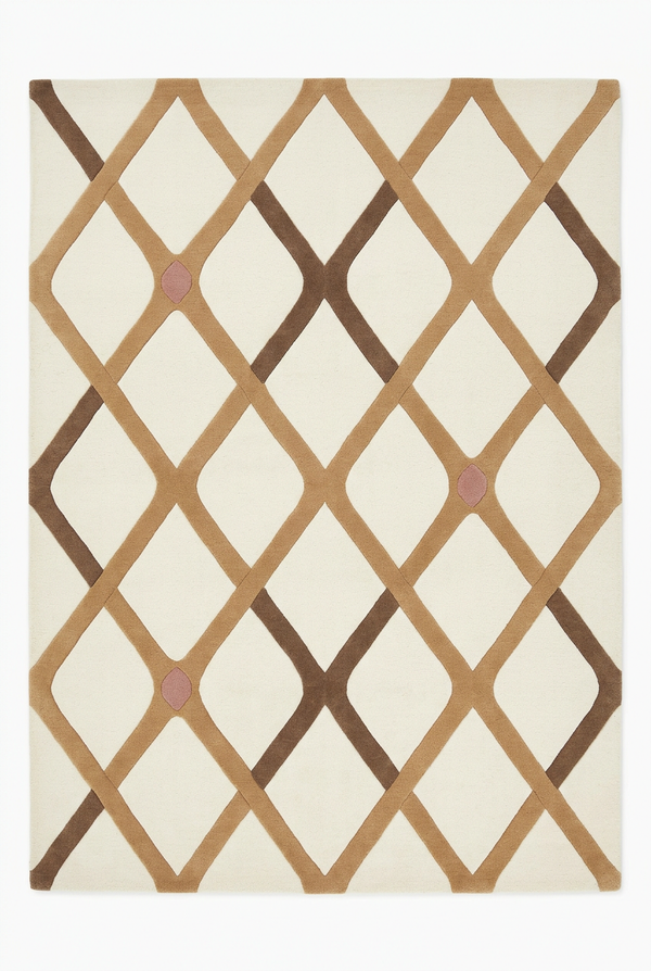 Interlocking Diamond Trellis Ivory Camel and Brown Dusty Rose Hand Tufted Custom Made Wool Area Rug