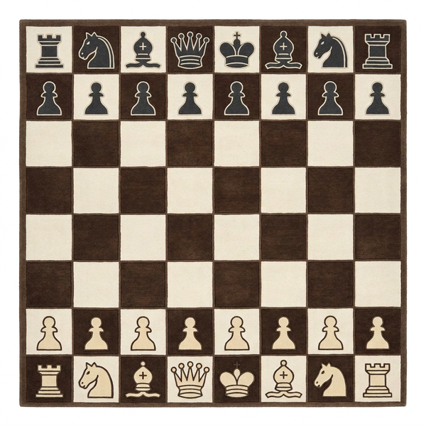 Brown and Ivory Chessboard Chess Pieces Hand Tufted Wool Area Rug Custom Sizes