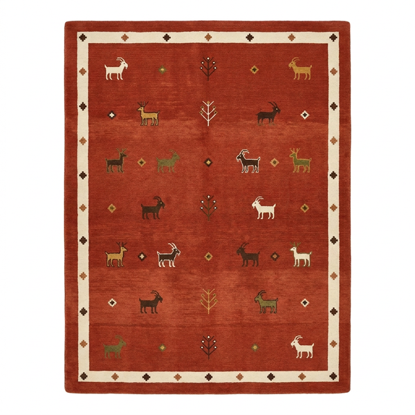 Gabbeh Inspired Rust Red Animal and Tree Ivory Border Hand Tufted Custom Made Wool Area Rug