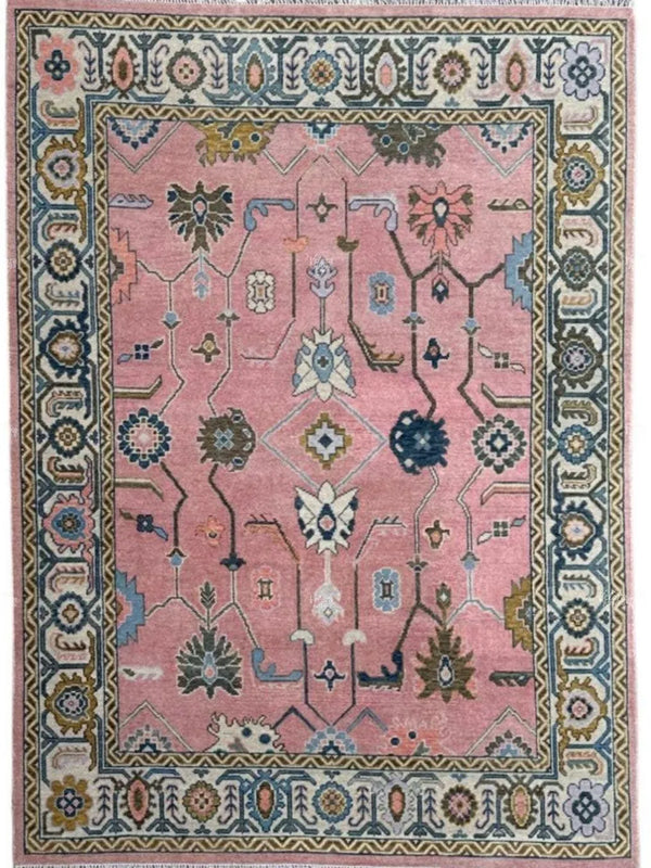 All-Over Angular Floral Vine Oushak Dusty Rose Pink and Ivory Vibrant Antique Traditional 8x10 Hand Knotted Wool Area Rug