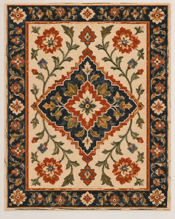 Ivory and Navy Heriz Floral Medallion 8x10 Hand Tufted Traditional Wool Area Rug Rust Olive Gold