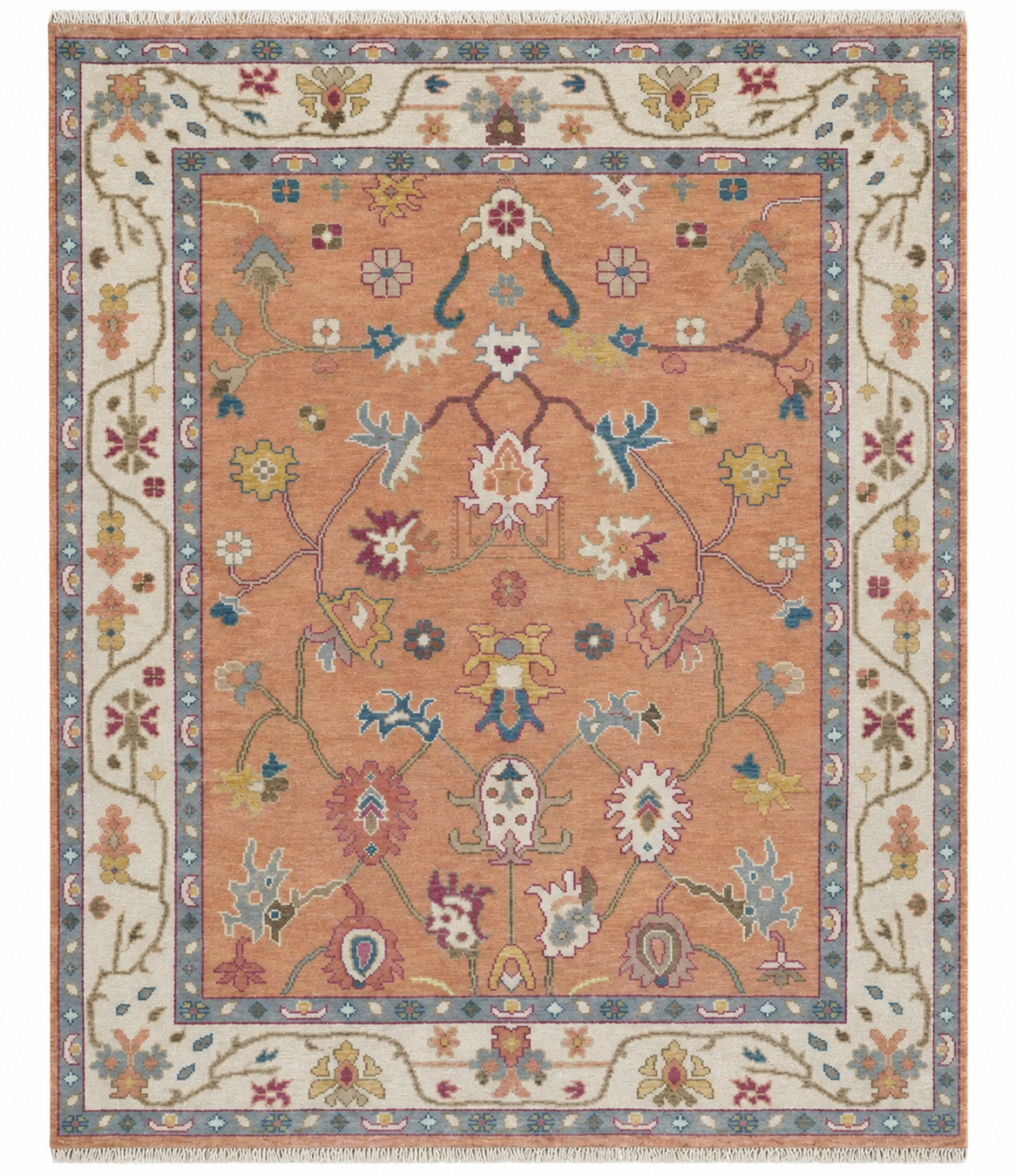 Oushak All-Over Floral Vine Scroll Vibrant Peach and Ivory Multicolour Hand Knotted 8x10 Wool Area Rug 