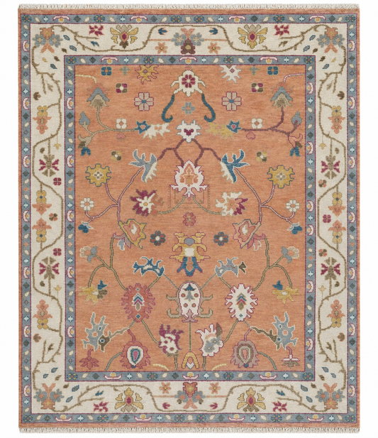 Oushak All-Over Floral Vine Scroll Vibrant Peach and Ivory Multicolour Hand Knotted 8x10 Wool Area Rug 