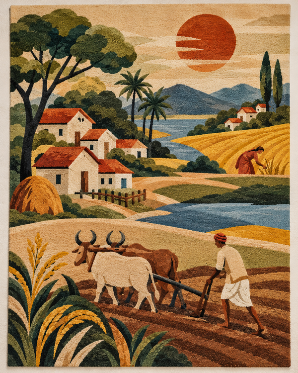 Hand Tufted Pictorial Village Harvest Landscape Beige Gold and Green 8x10 Wool Area Rug