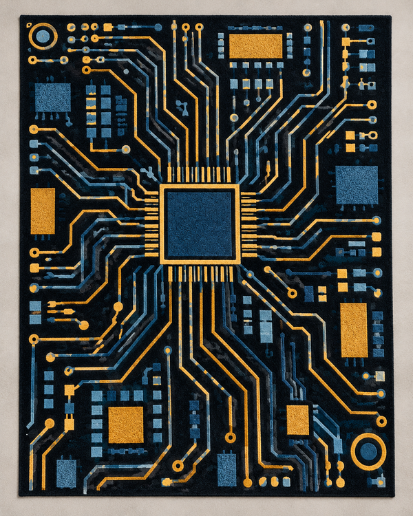 Circuit Board Geometric Black Gold and Blue 8x10 Hand Tufted Wool Area Rug