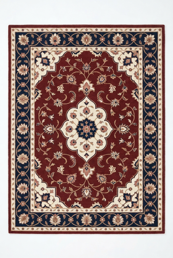 Traditional Floral Medallion Burgundy Red Navy and Ivory Custom Made Hand Tufted Wool Area Rug